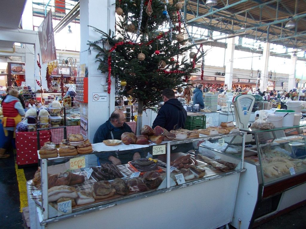 market stalls inside an indoor market hall