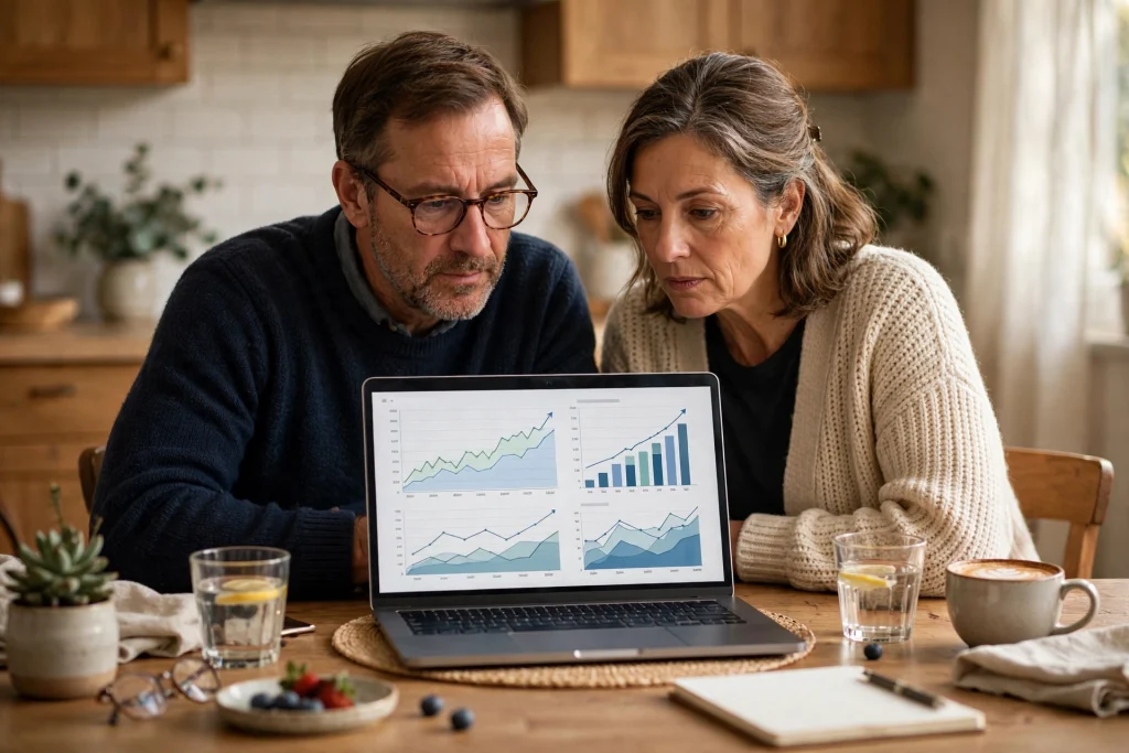 Are You Behind Financially at 50? New Wealth Data Explained Couple at 50 reviewing retirement savings and wealth charts on a laptop